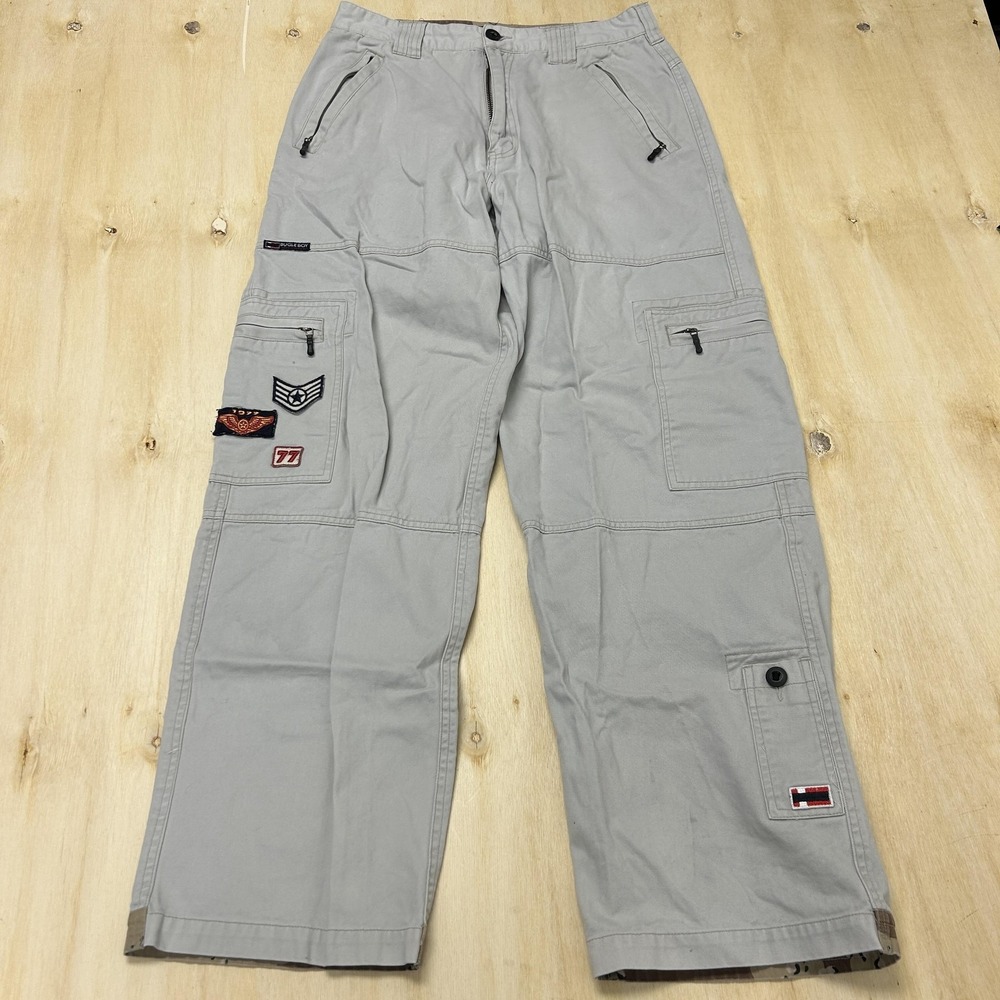 Y2K Bugle Boy Cargo Pants Mens 30x32 Beige Canvas Relaxed Fit Workwear Patches
